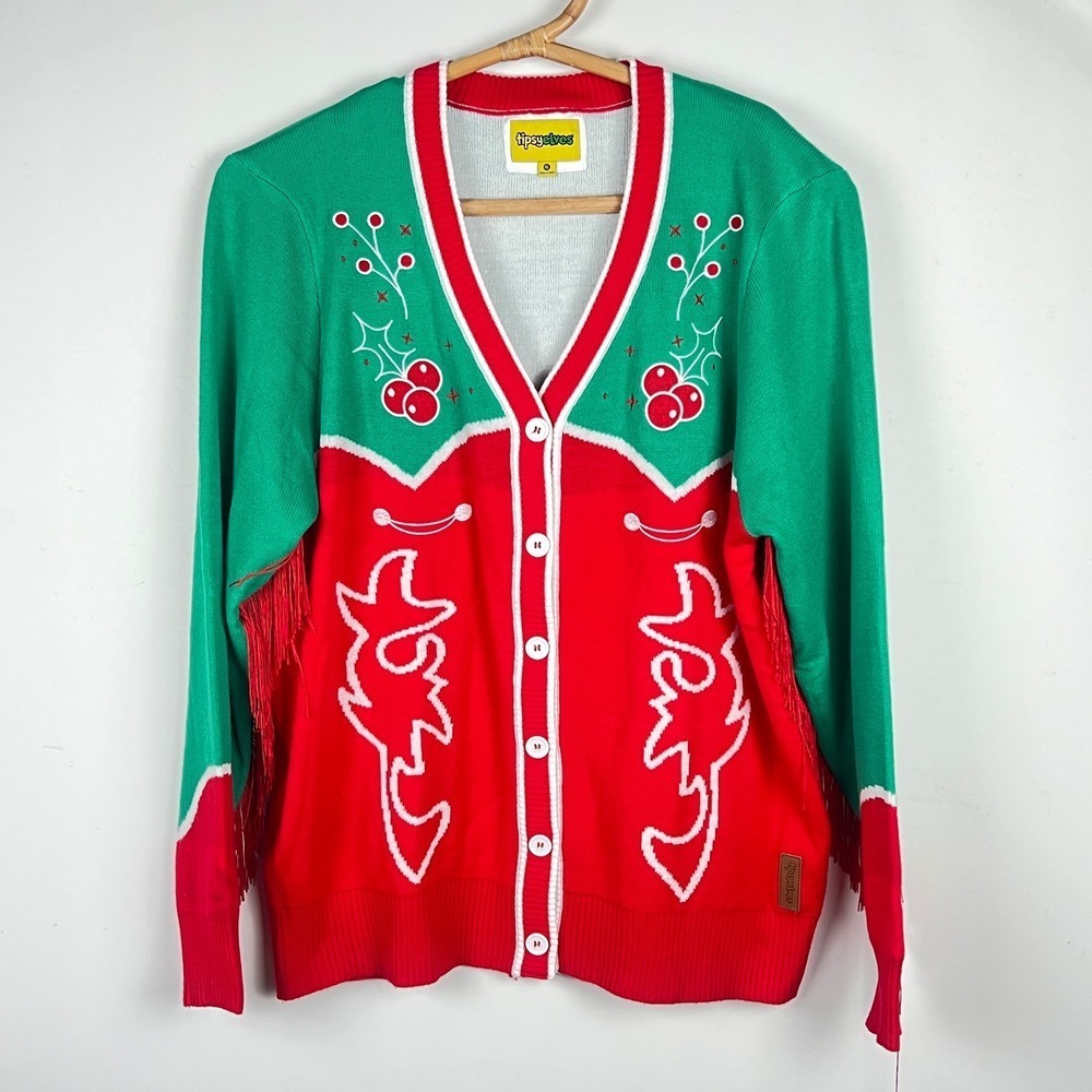 Tipsy Elves Western Fringe Christmas Cardigan XL Ugly Sweater Cowboy Boot Red‎